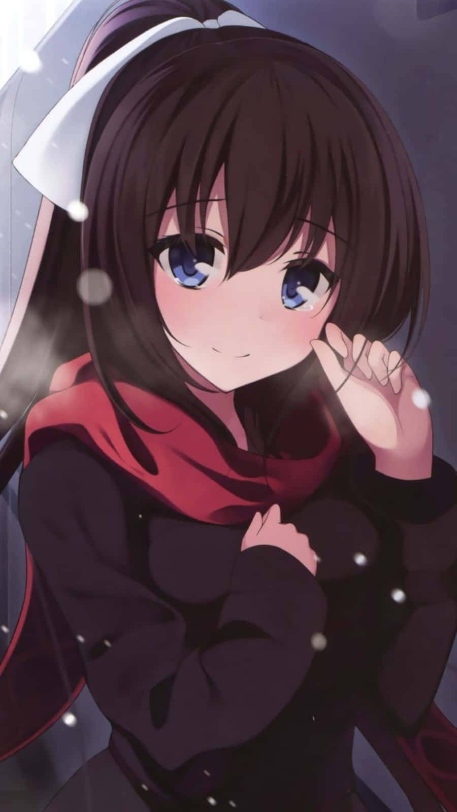 動漫女孩 桌布 壁紙 — 一個可愛的動漫女孩，深色頭髮和藍色眼睛，戴著紅色圍巾，在雪景背景下溫柔地微笑。