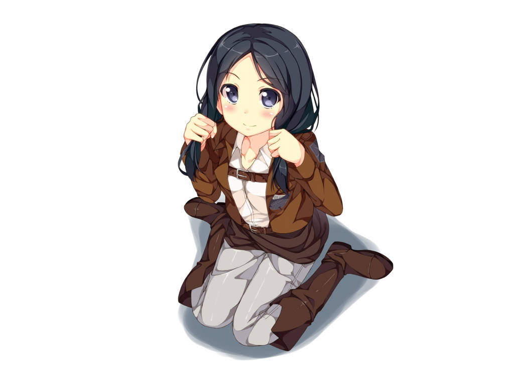 動漫女孩 桌布 壁紙 — 一個可愛的動漫女孩，深色頭髮和藍色眼睛，跪著微笑，同時握著她的頭髮。