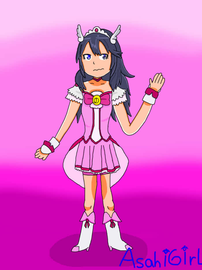Glitter Force 桌布 壁紙 — 一個可愛的動漫女孩，深色頭髮和角，穿著粉紅色荷葉邊服裝，在漸變粉紅色背景上揮手。