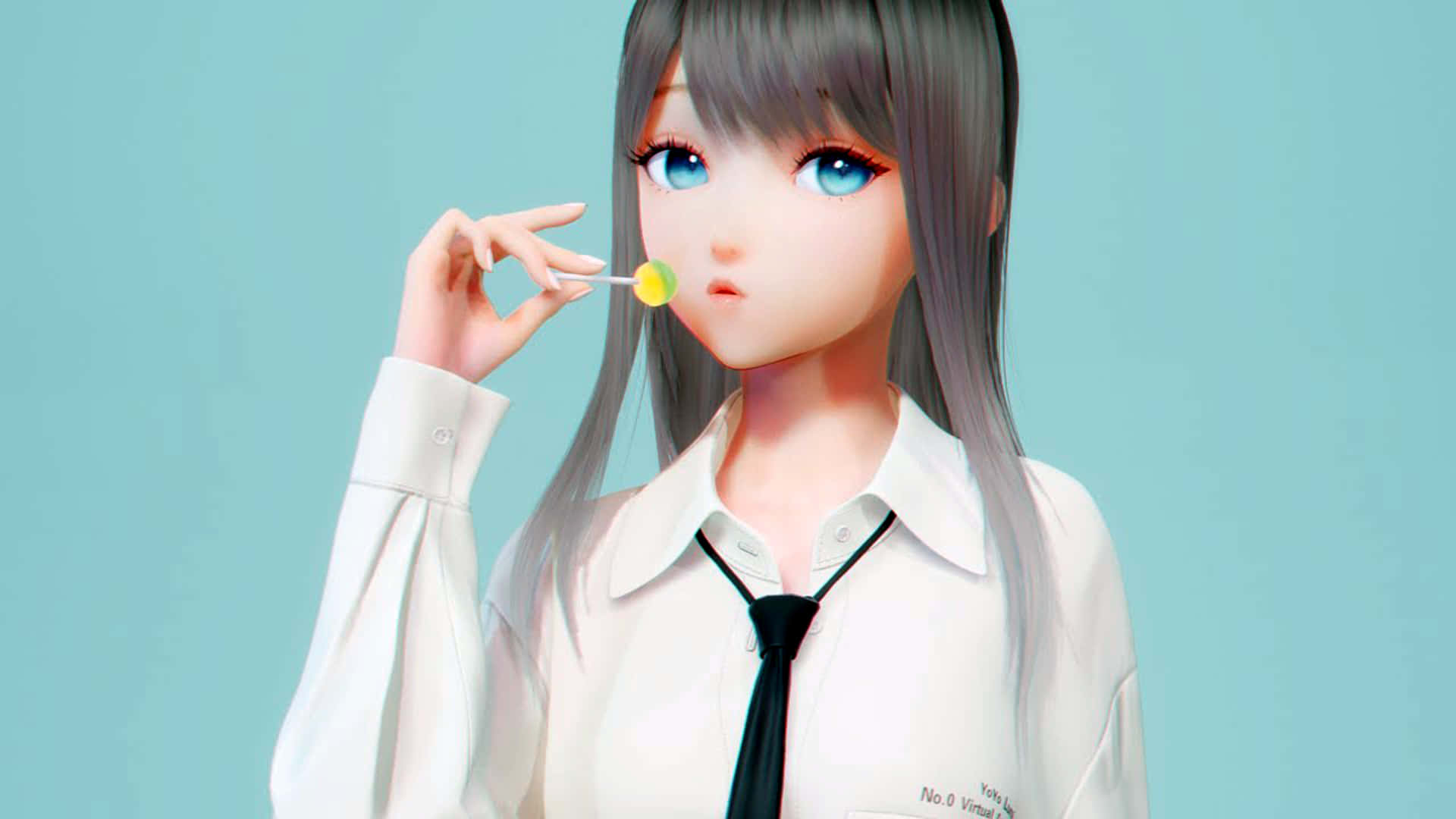 動漫 桌布 壁紙 — 一個可愛的動漫女孩，灰色頭髮和藍色眼睛，在柔和的青綠色背景前，將黃色棒棒糖靠近嘴唇。