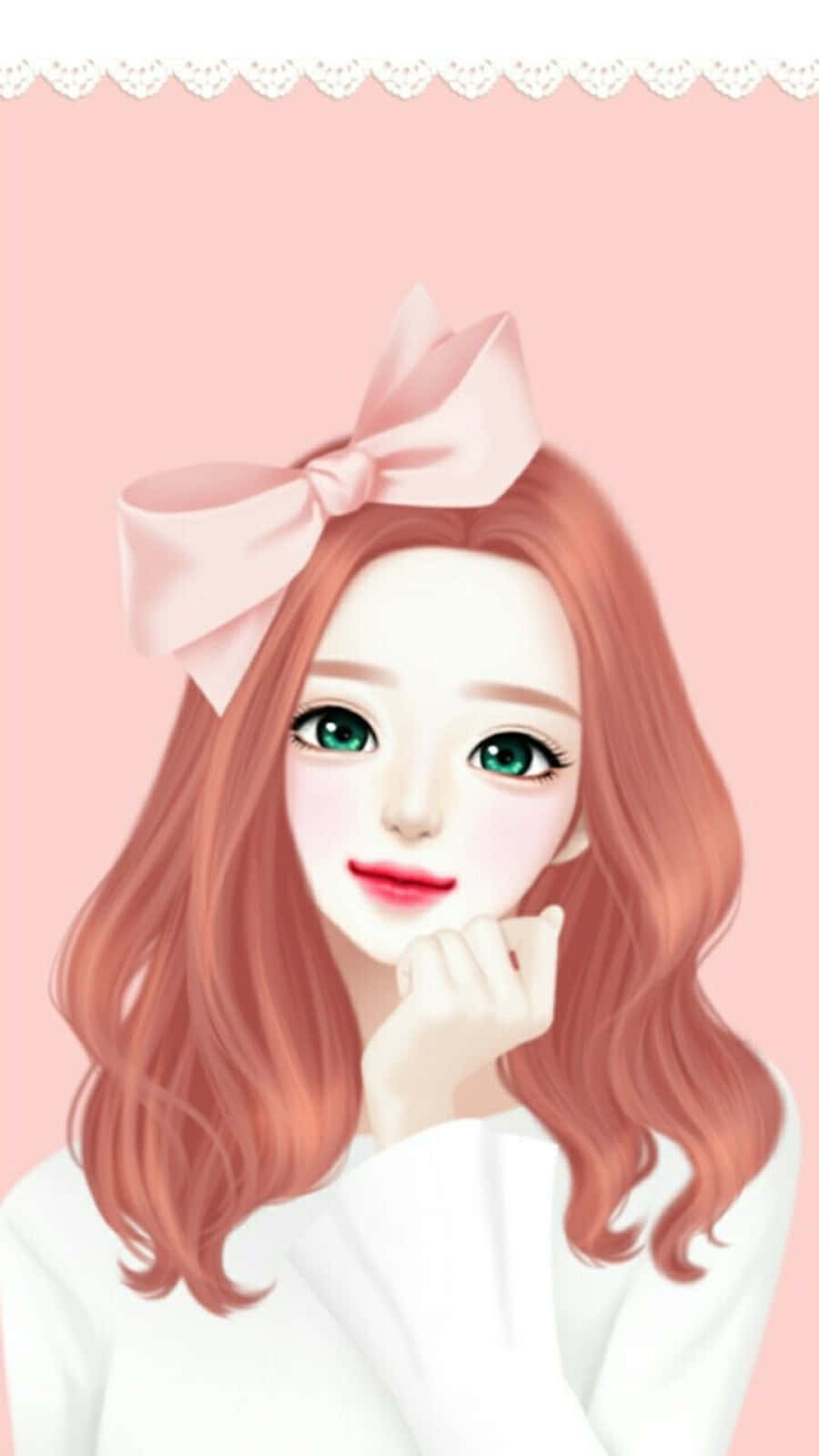動漫女孩 桌布 壁紙 — 一個可愛的動漫女孩，珊瑚色頭髮和粉紅色蝴蝶結，在帶有蕾絲邊的柔和粉紅色背景上溫柔地微笑。
