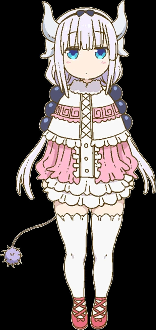 Miss Kobayashis Dragon Maid 桌布 壁紙 — 一個可愛的動漫女孩，白色頭髮，有角，穿著蓬鬆的粉白色連衣裙，站在黑色背景前。