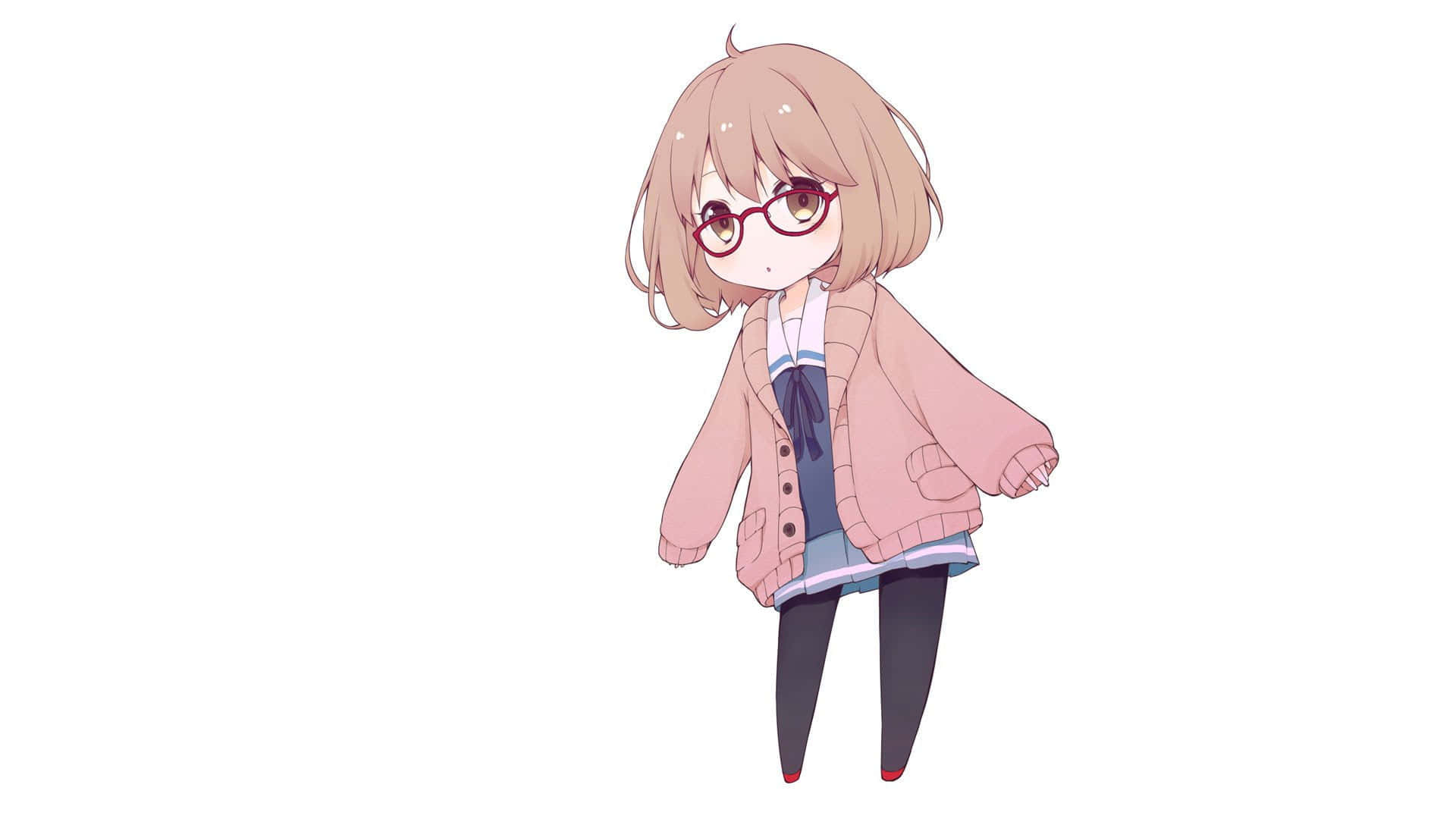 Mirai 桌布 壁紙 — 一個可愛的動漫女孩，短棕髮，戴紅色眼鏡，穿著粉紅色開襟衫，內搭藍色校服，背景是純白色。