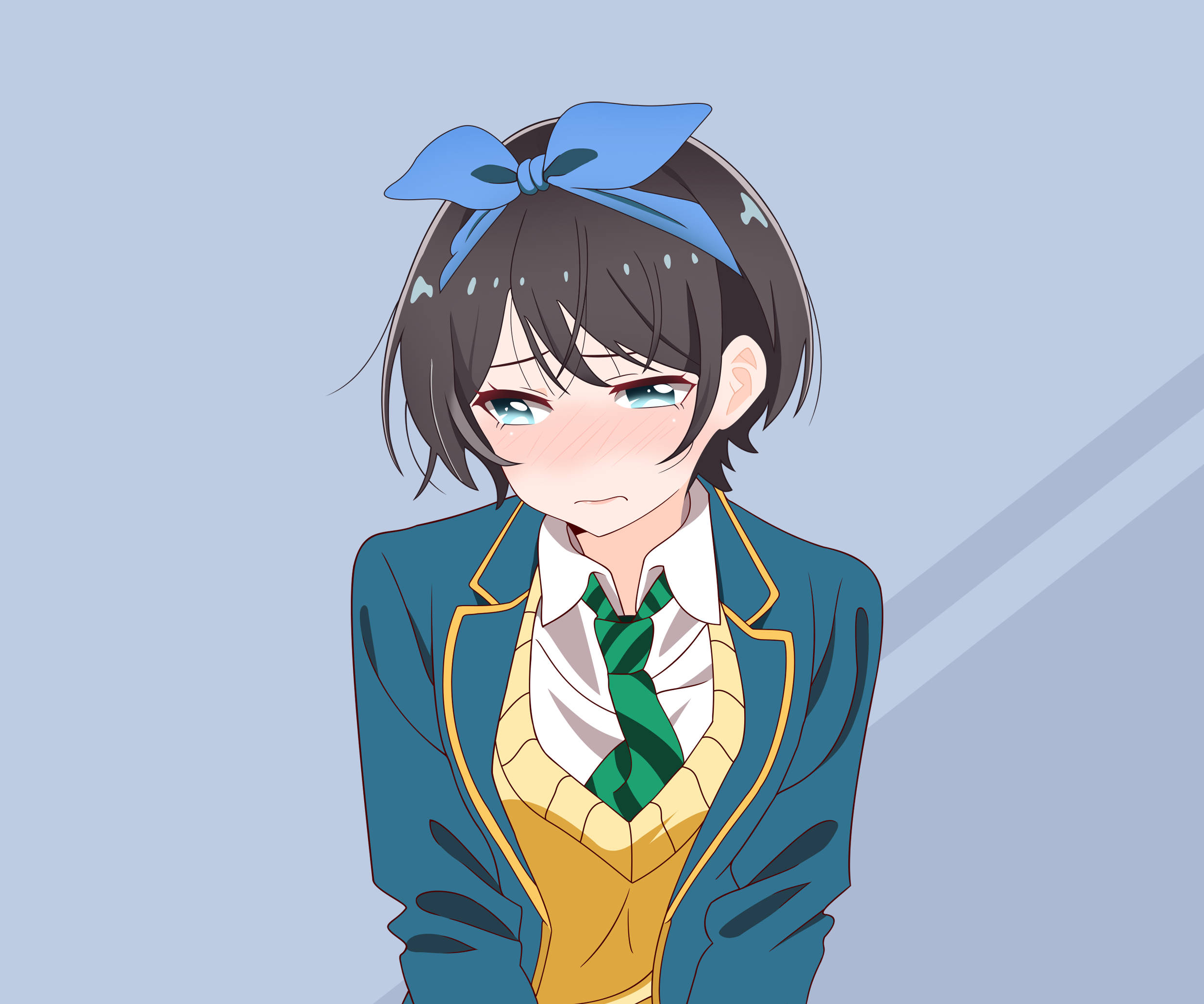 Girlfriend 桌布 壁紙 — 一個可愛的動漫女孩，短黑髮，戴藍色蝴蝶結，穿著綠色領帶的校服，背景是柔和的藍色。