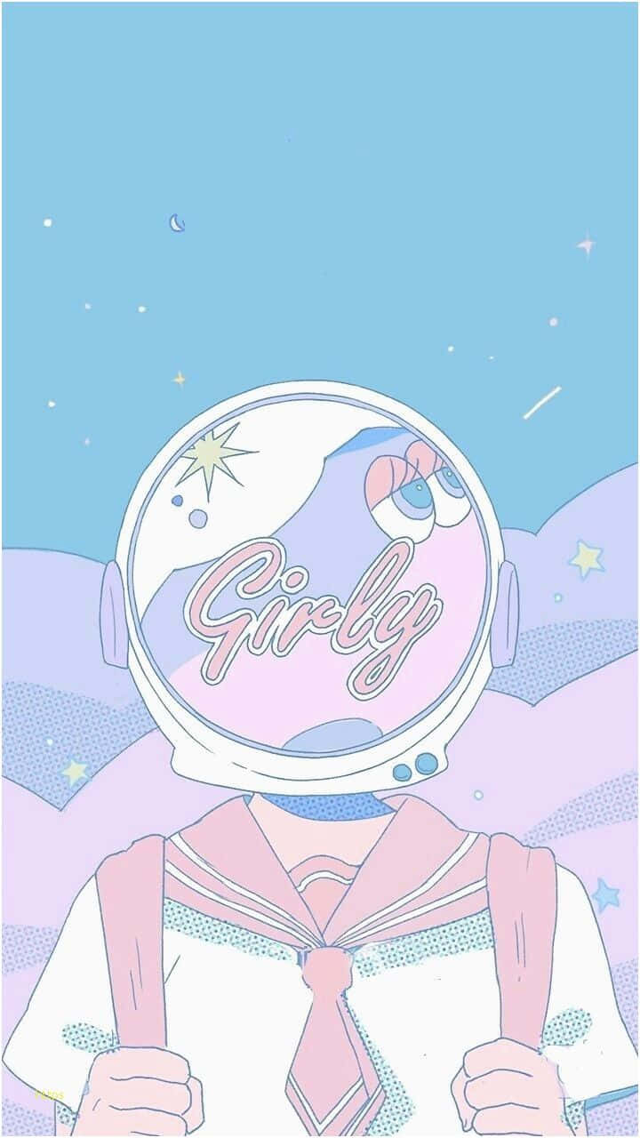 淡彩風格 桌布 壁紙 — 一個可愛的動漫女孩，穿著粉紅色水手服和寫有「Girly」的太空人頭盔，漂浮在粉彩星空上。