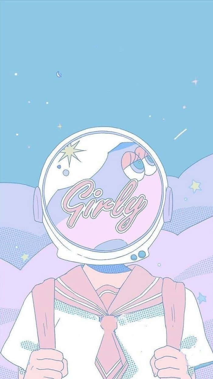 Surreal Art 桌布 壁紙 — 一個可愛的動漫女孩，穿著粉紅色水手服和太空人頭盔，頭盔面罩上寫著「Girly」，漂浮在粉彩星空之中。