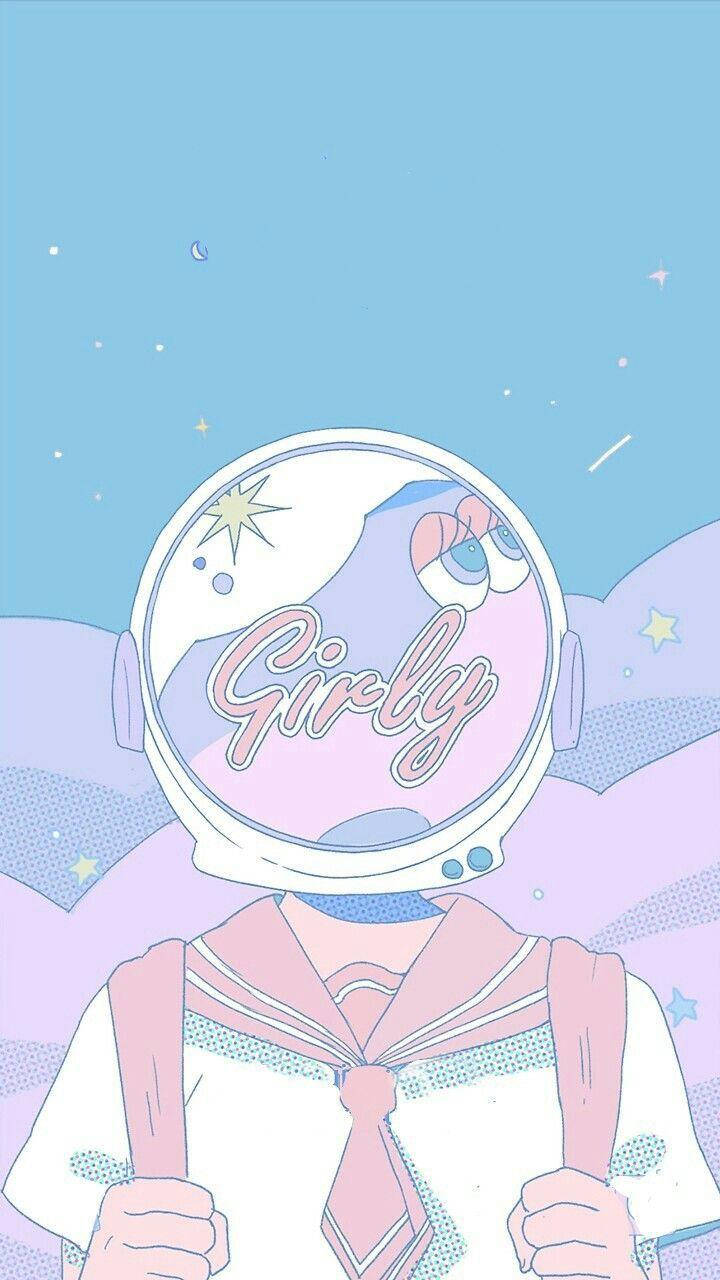 Aesthetic Anime Phone 桌布 壁紙 — 一個可愛的動漫女孩，穿著粉紅色水手服和太空人頭盔，面罩上寫著「Girly」，背景是粉彩星空。