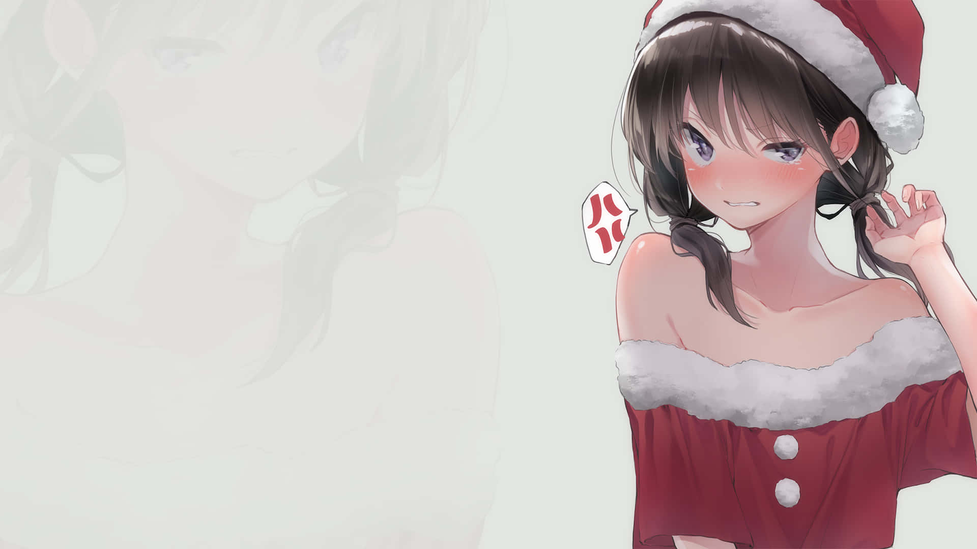 動漫聖誕 桌布 壁紙 — 一個可愛的動漫女孩，穿著紅色聖誕老人服裝，配有蓬鬆的白色飾邊和配套帽子，臉紅且看起來有點惱火。
