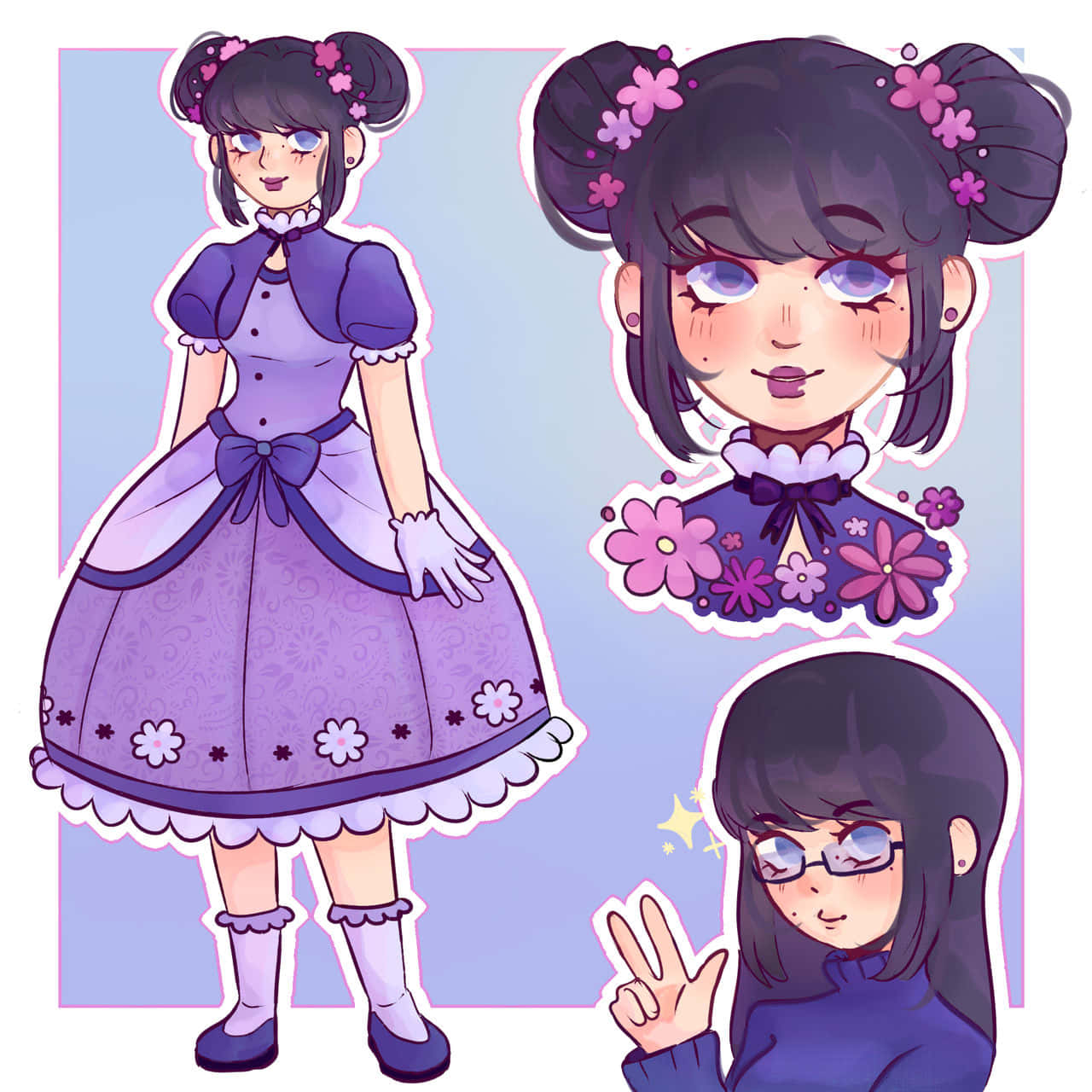 Lolita Fashion 桌布 壁紙 — 一個可愛的動漫女孩，穿著紫色花卉洋裝，雙丸子頭和粉紅色花朵，展示全身、特寫和和平手勢。