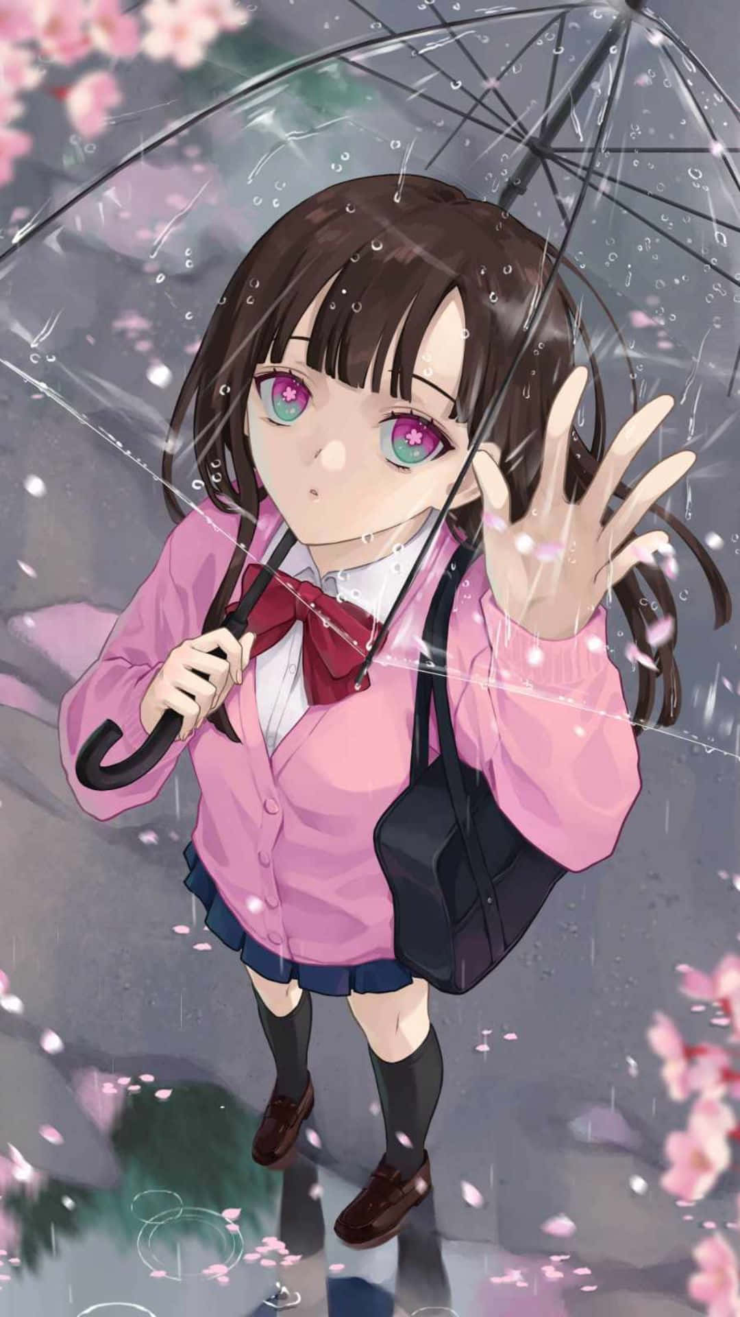 動漫頭像 桌布 壁紙 — 一個可愛的動漫女孩，粉紅色的眼睛，撐著雨傘，櫻花伴隨著雨飄落。