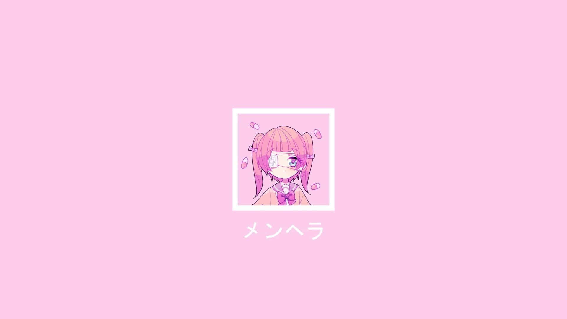 粉色動漫美學 桌布 壁紙 — 一個可愛的動漫女孩，粉紅色頭髮，戴著口罩，坐在白色相框內，背景是柔和的粉紅色。