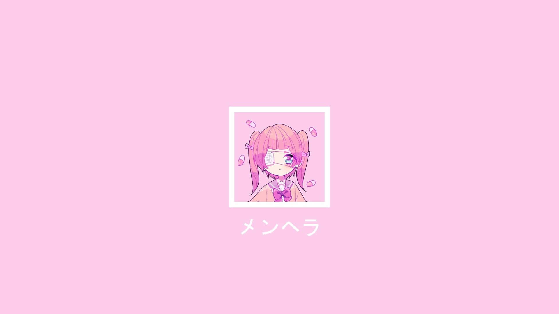 可愛粉色動圖 桌布 壁紙 — 一個可愛的動漫女孩，粉紅色頭髮，戴著口罩，在白色相框內，背景為純粉紅色。