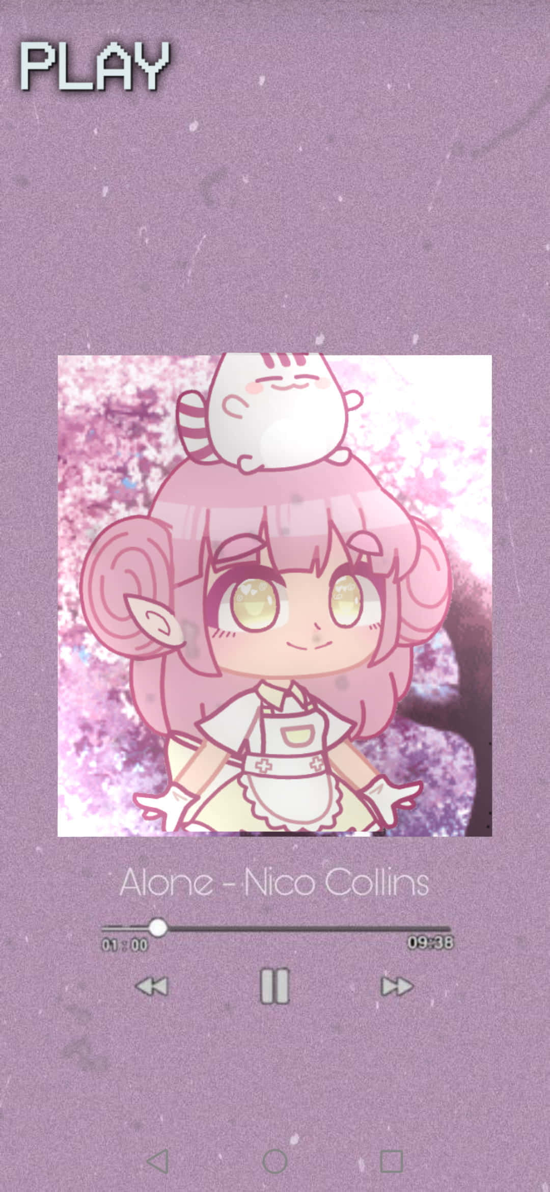 Cute Aesthetic Anime 桌布 壁紙 — 一個可愛的動漫女孩，粉紅色頭髮，頭上有一隻貓，在柔和的紫色背景下的音樂播放器界面中微笑。