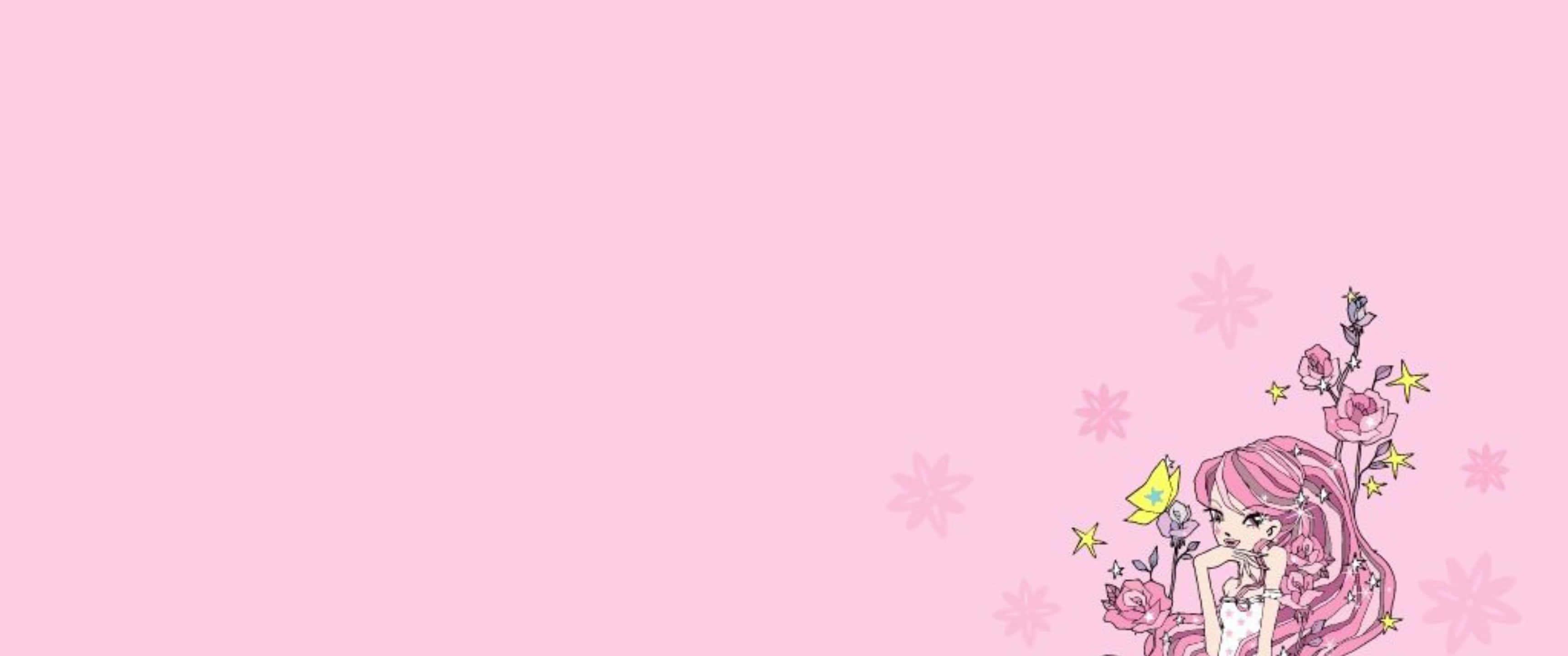 Pink Cute 桌布 壁紙 — 一個可愛的動漫女孩，粉紅色頭髮和玫瑰，坐在柔軟粉紅色背景的角落，有漂浮的花朵和星星。
