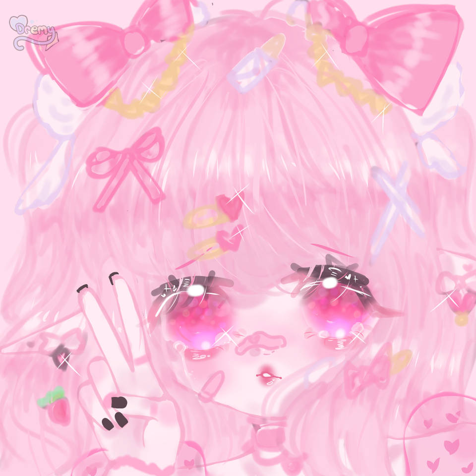粉色動漫美學 桌布 壁紙 — 一個可愛的動漫女孩，粉紅色頭髮和超大蝴蝶結，在柔和的粉紅色背景上比出和平手勢。