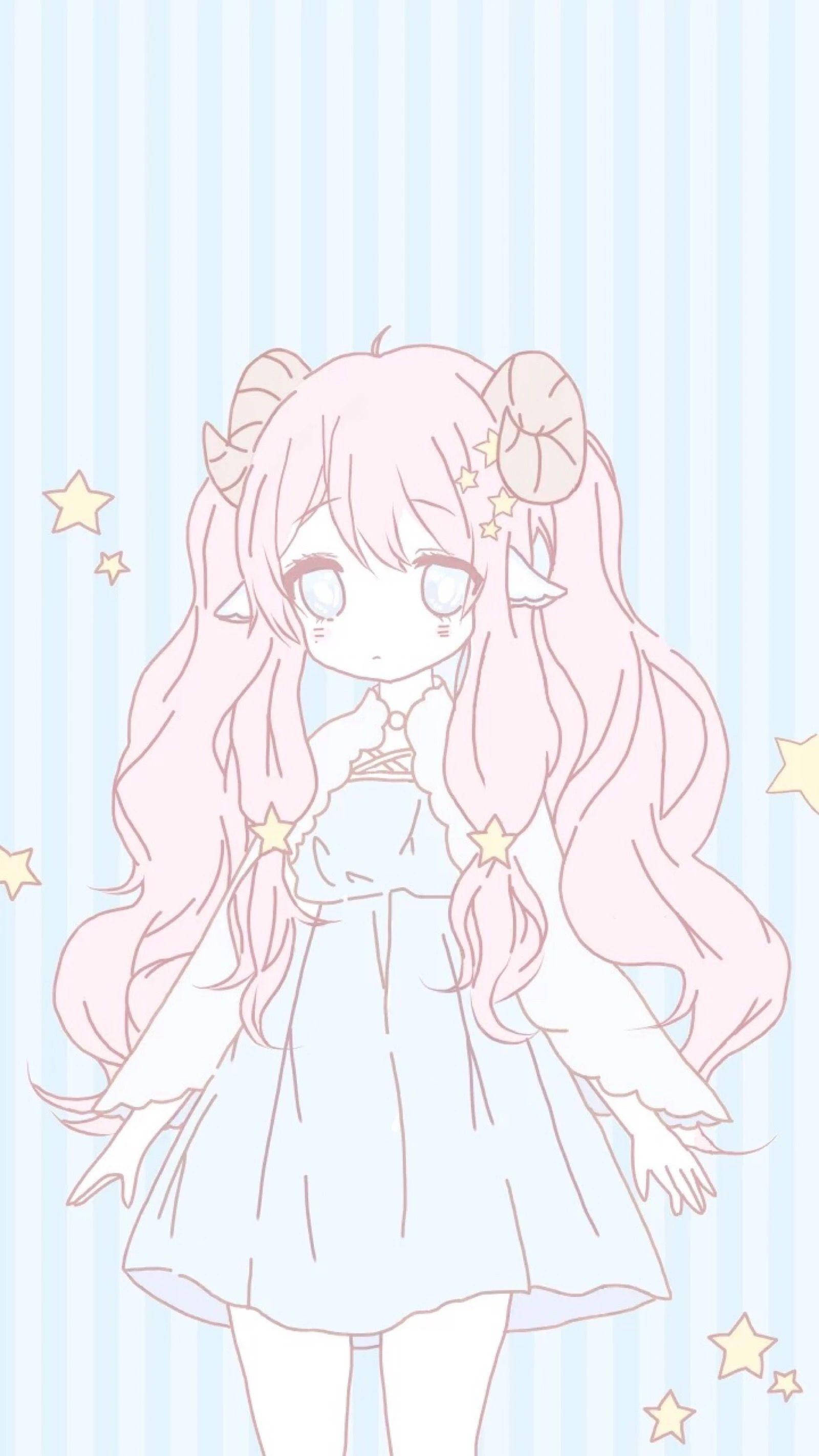 Pastel Gore 桌布 壁紙 — 一個可愛的動漫女孩，粉紅色頭髮和星星飾品，站在柔和的藍色條紋背景前。