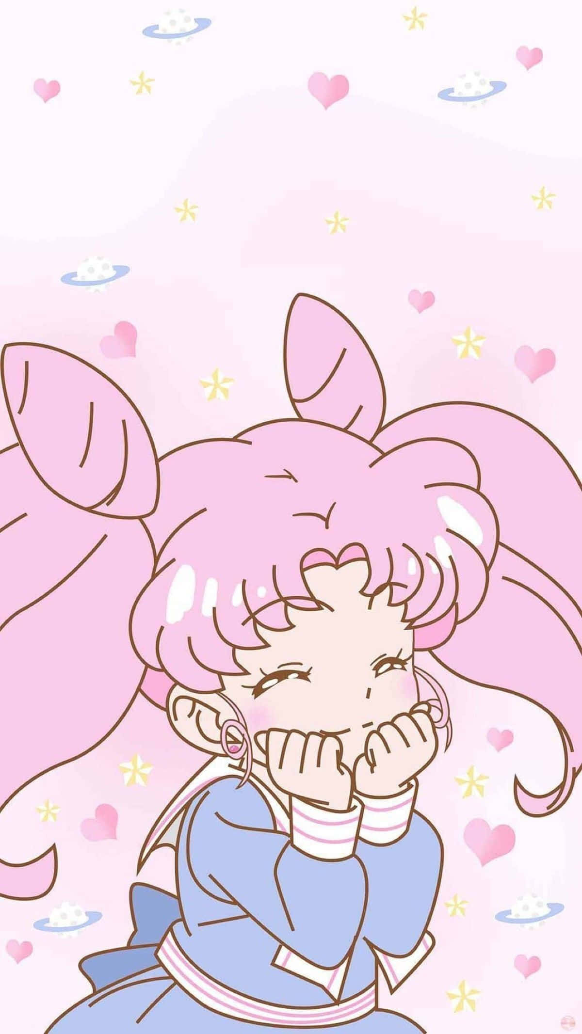 Aesthetic Sailor Moon 桌布 壁紙 — 一個可愛的動漫女孩，粉紅色頭髮和兔耳朵，用雙手捂住嘴巴，心形和星星在她周圍漂浮。