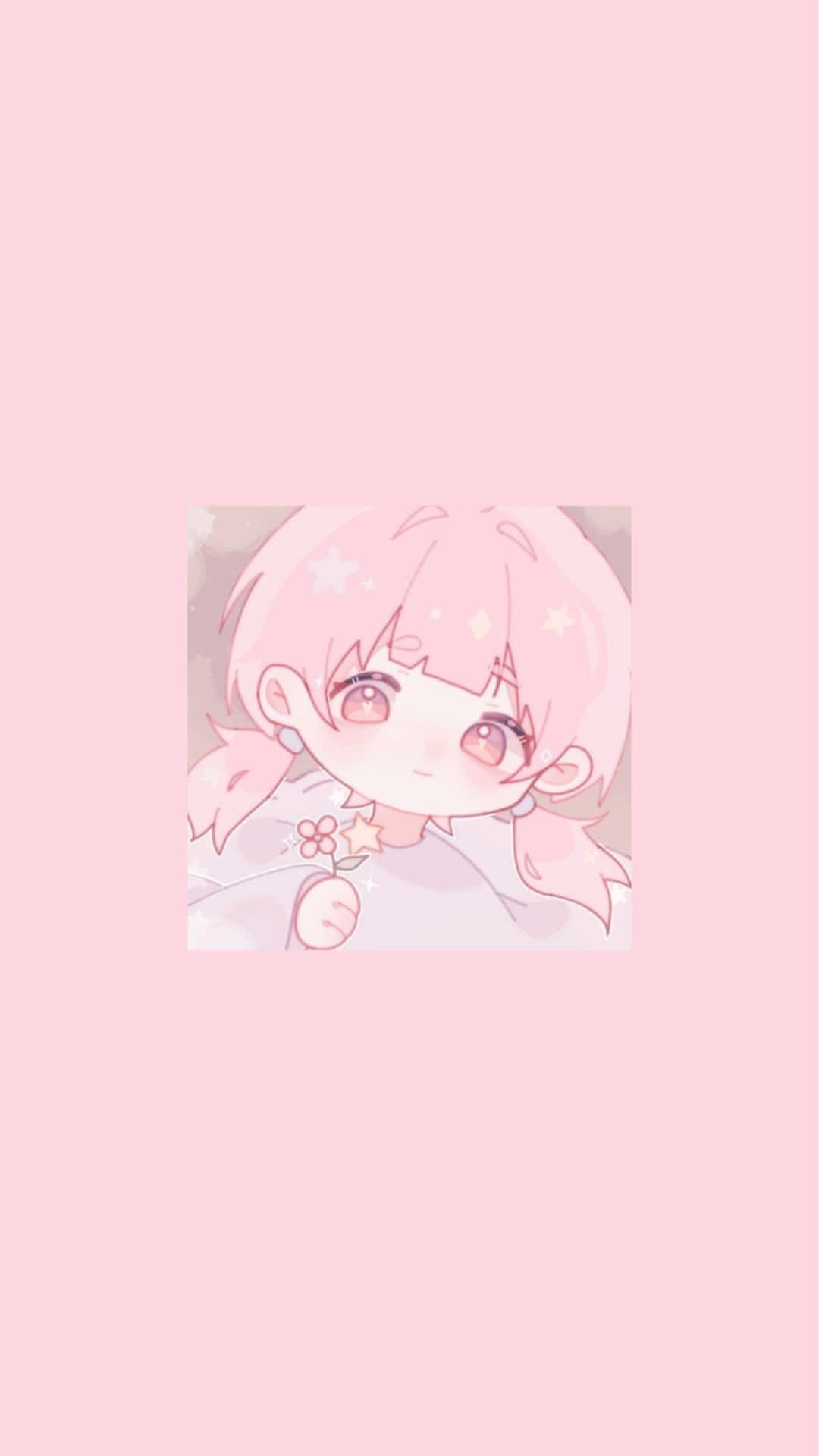 Pastel Pink Aesthetic Anime 桌布 壁紙 — 一個可愛的動漫女孩，粉紅色頭髮和星星點綴，在粉彩粉紅色背景上溫柔地微笑。