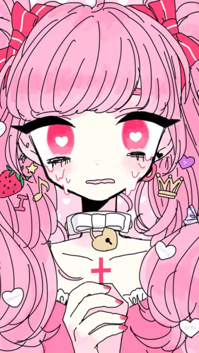 Pastel Pink Aesthetic 桌布 壁紙 — 一個可愛的動漫女孩，粉紅色頭髮和心形眼睛，拿著一個被草莓和音符包圍的十字架吊墜。