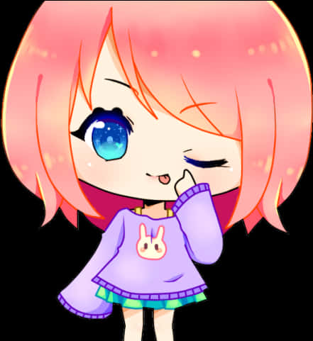 Anime Chibi 桌布 壁紙 — 一個可愛的動漫女孩，粉紅色頭髮和一隻閃爍的藍色眼睛，穿著紫色兔子毛衣，頑皮地眨眼。