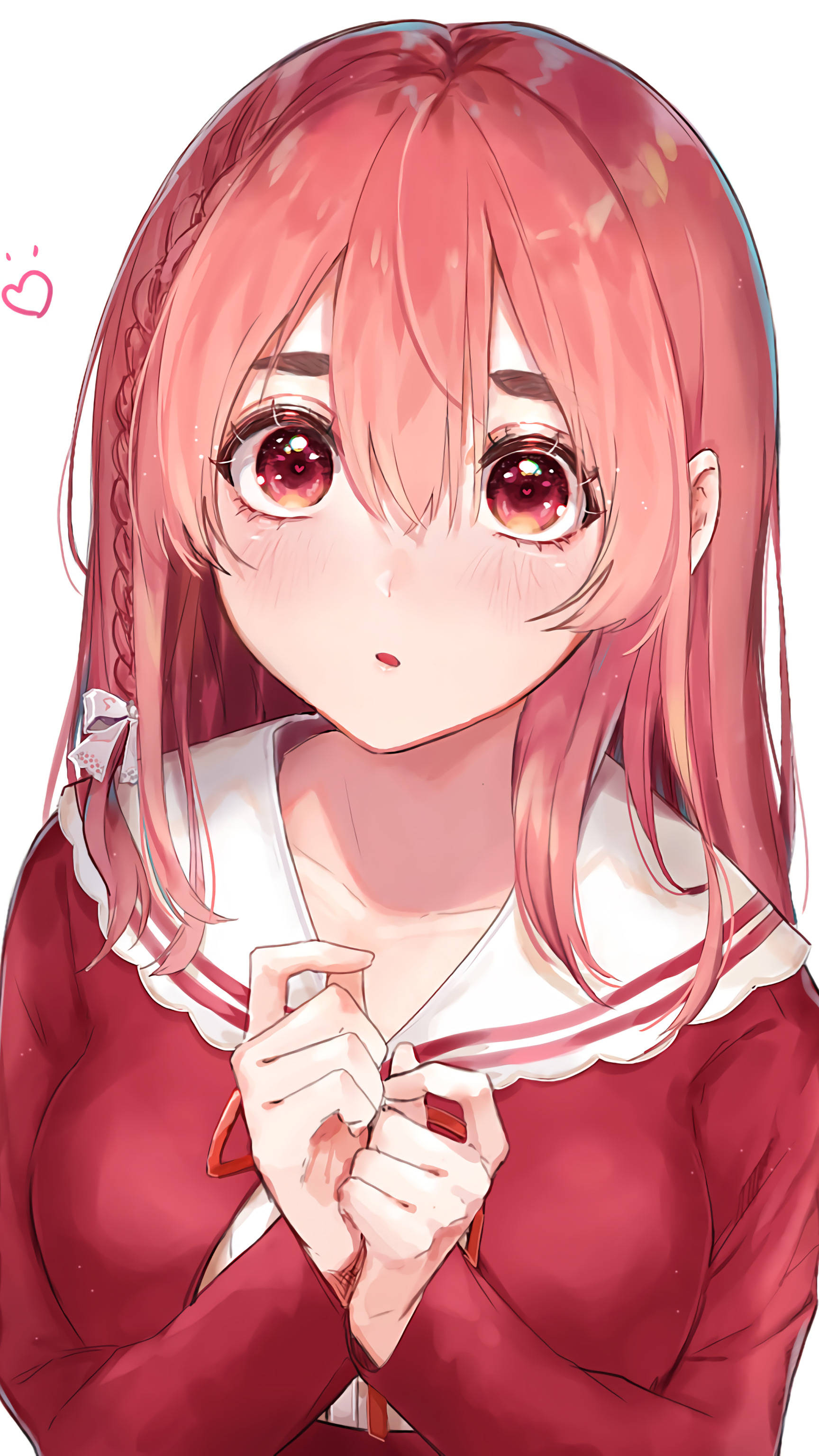 Girlfriend 桌布 壁紙 — 一個可愛的動漫女孩，粉紅色頭髮和紅色眼睛，穿著紅色水手服，雙手合十。