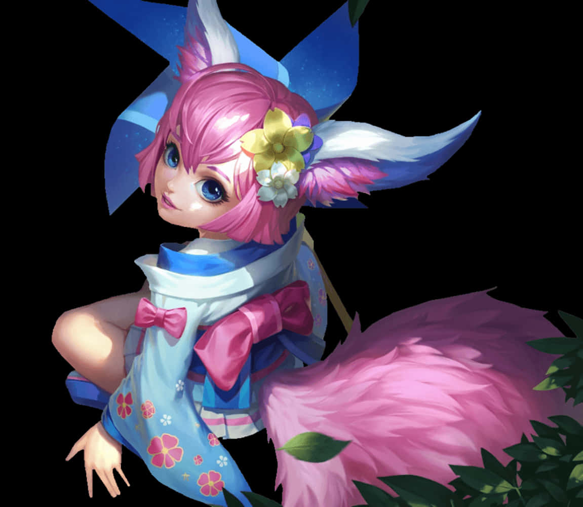 Mobile Legends 動態圖 桌布 壁紙 — 一個可愛的動漫女孩，粉紅色頭髮和狐狸耳朵，穿著花卉圖案的藍色服裝，一條蓬鬆的粉紅色尾巴從樹葉中探出。