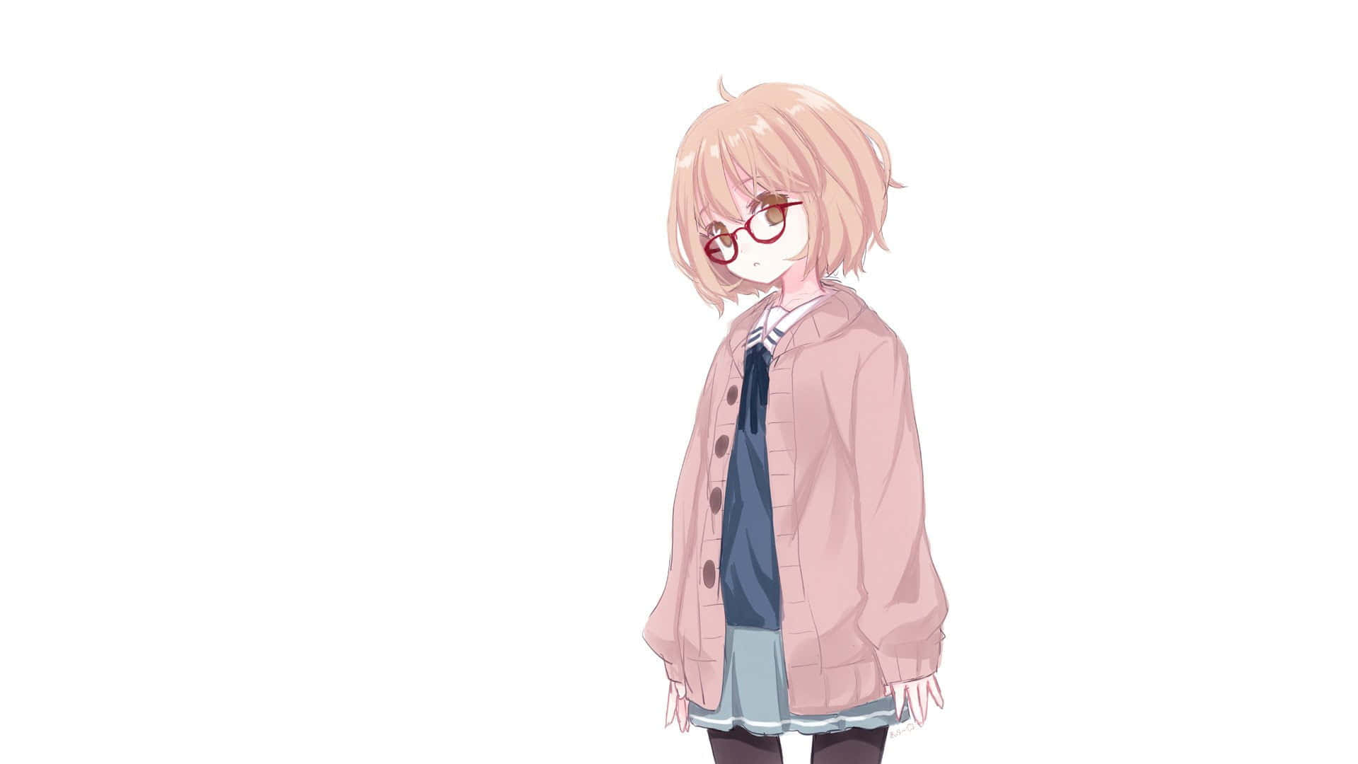 Mirai 桌布 壁紙 — 一個可愛的動漫女孩，粉紅色頭髮和紅色眼鏡，穿著粉紅色開襟衫在校服外面，背景是純白色。