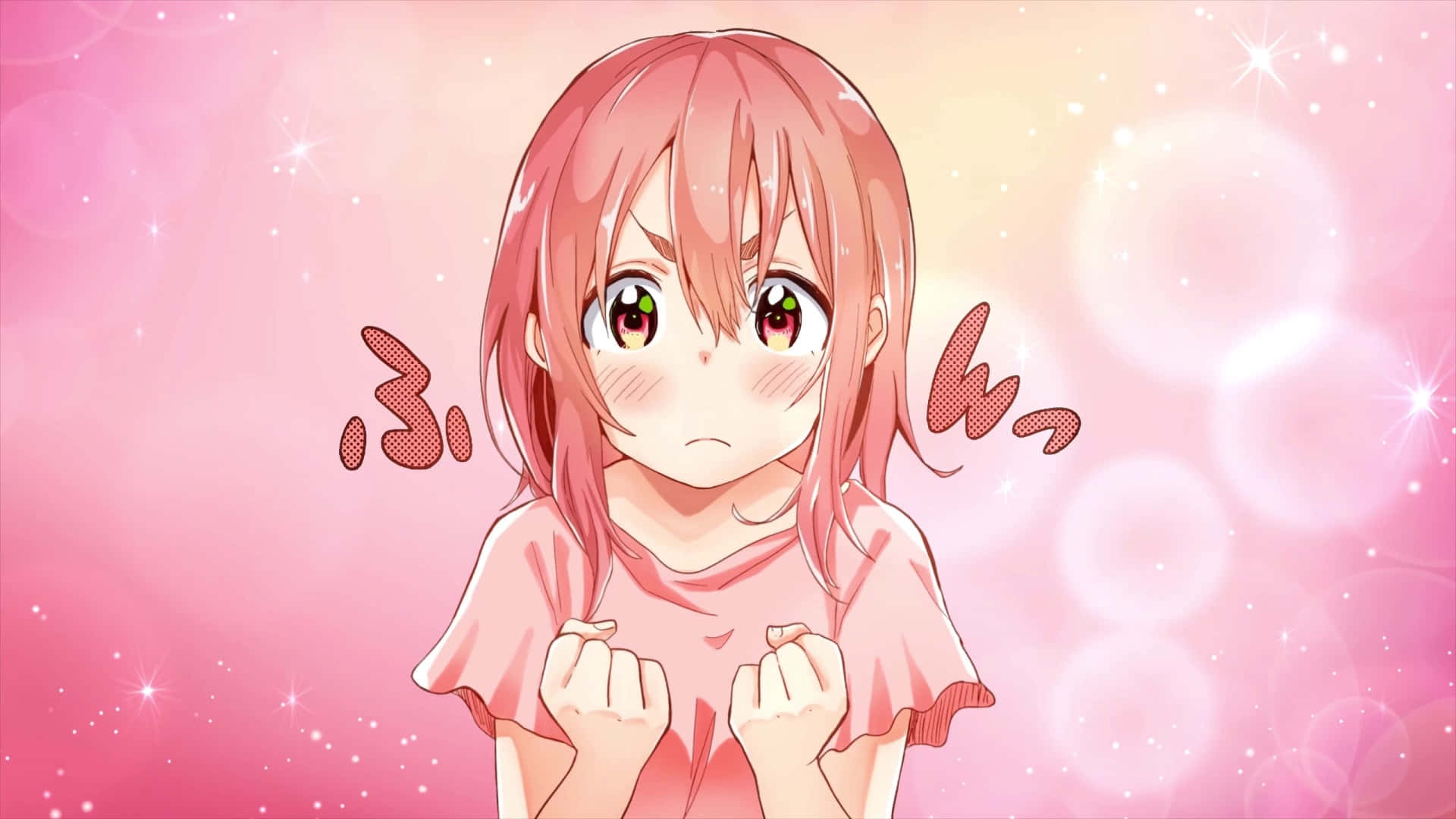 Animated 桌布 壁紙 — 一個可愛的動漫女孩，粉紅色頭髮和綠色眼睛，在閃閃發光的粉紅色背景前握緊拳頭，擺出堅定的姿勢。