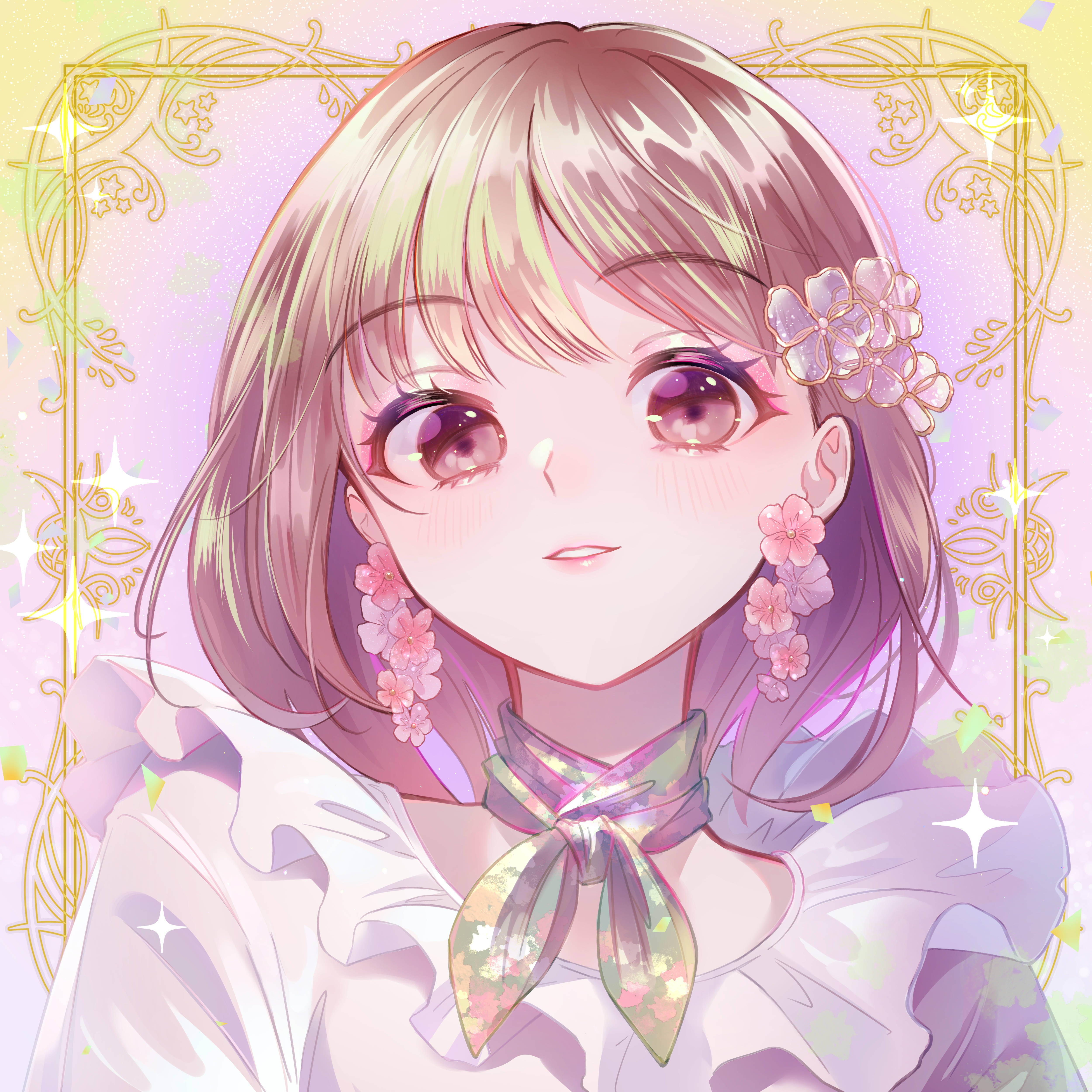 girls 桌布 壁紙 — 一個可愛的動漫女孩，粉紅色頭髮和花卉飾品，在金色邊框的閃亮粉彩背景前溫柔微笑。