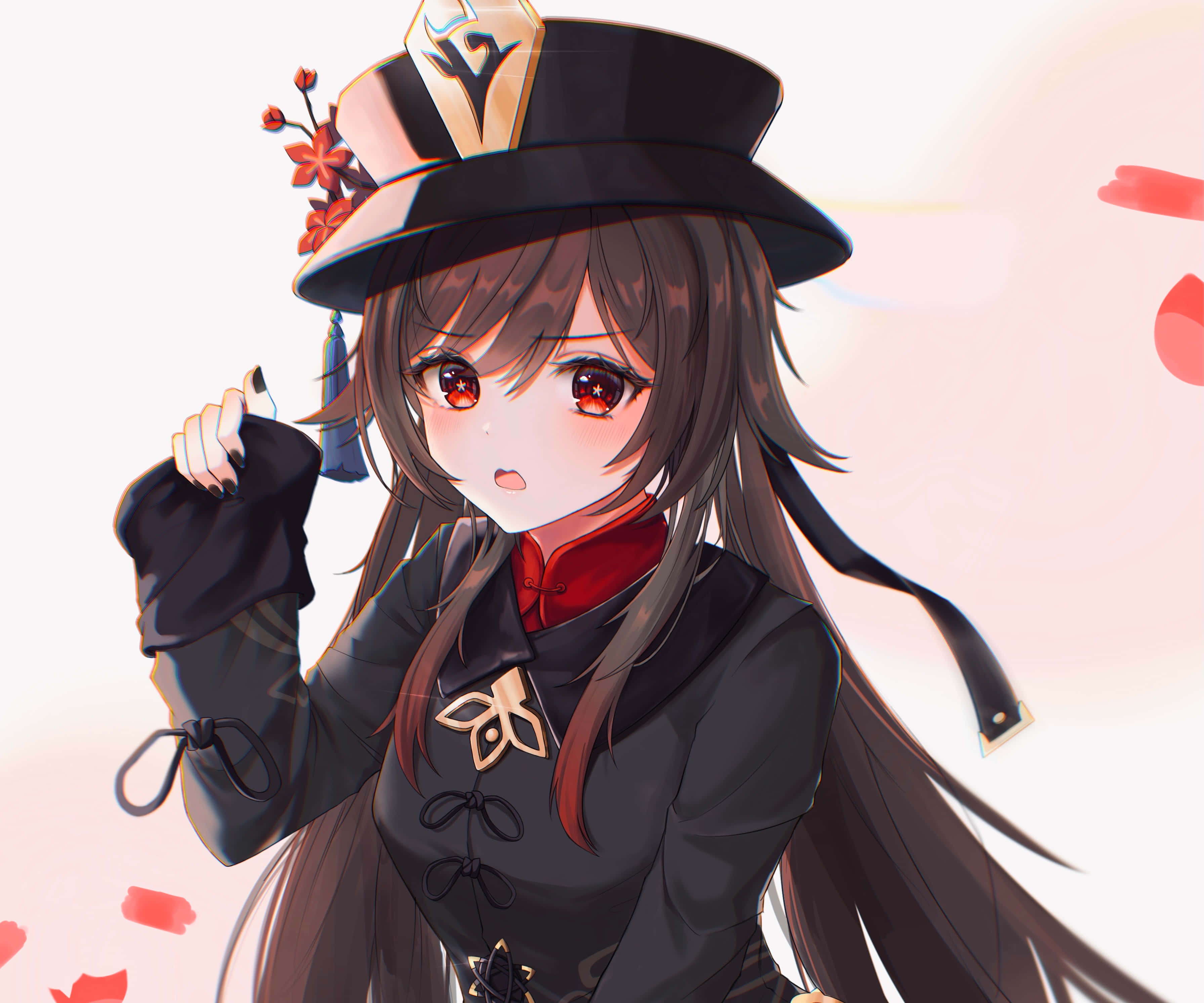 原神 桌布 壁紙 — 一個可愛的動漫女孩，紅眼睛，長長的棕色頭髮，戴著一頂飾有紅色花朵的黑色高帽，身穿帶有紅色點綴的黑色服裝，手拎一個小包包。