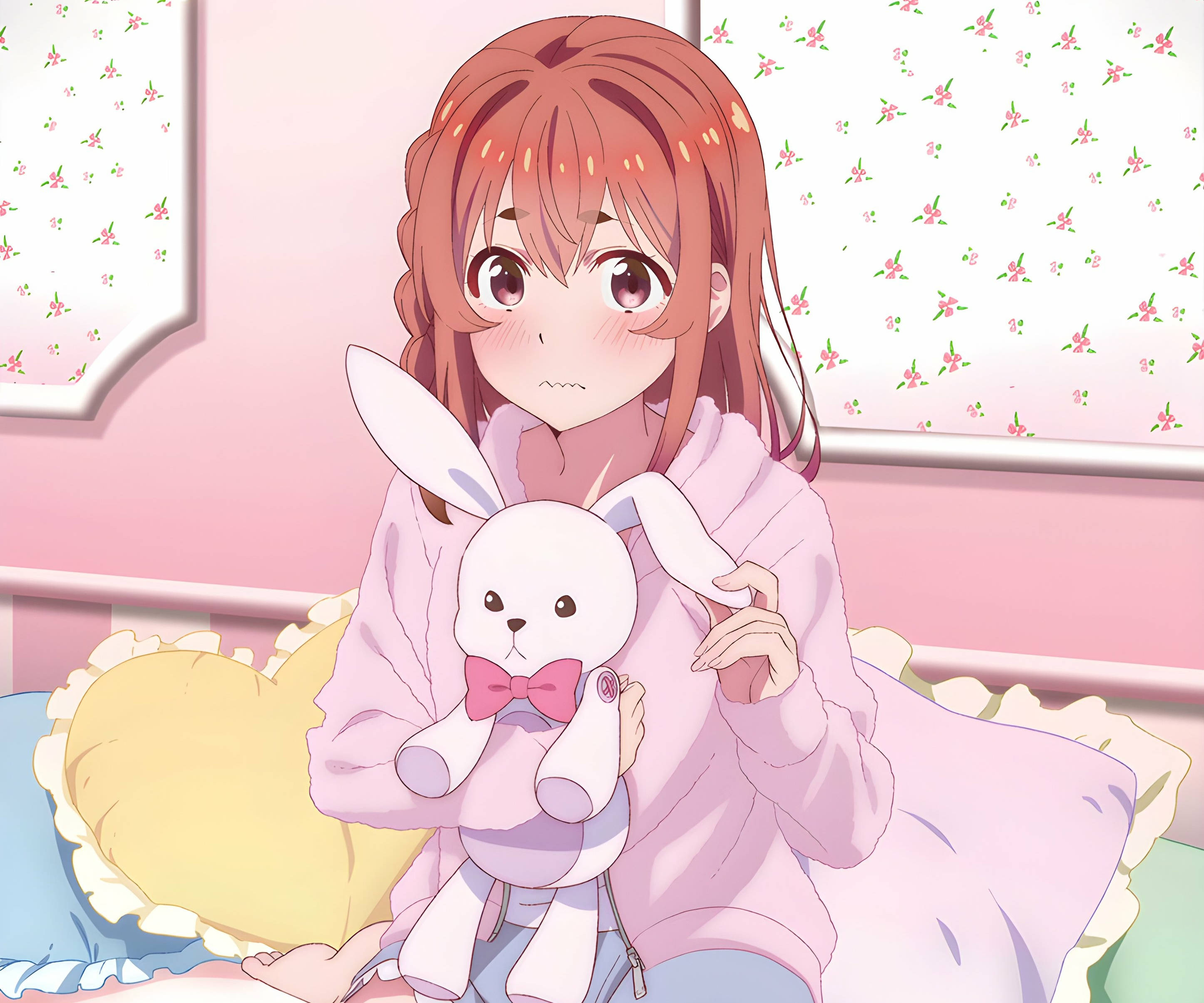 Girlfriend 桌布 壁紙 — 一個可愛的動漫女孩，紅褐色頭髮，坐在床上抱著一隻帶有粉紅色蝴蝶結的白色兔子絨毛玩具。