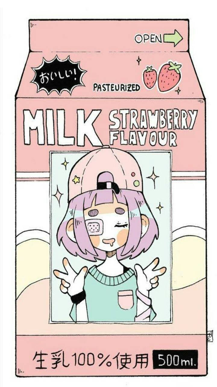 Strawberry Aesthetic 桌布 壁紙 — 一個可愛的動漫女孩，紫色頭髮，戴著口罩，從草莓牛奶盒插圖中微笑。