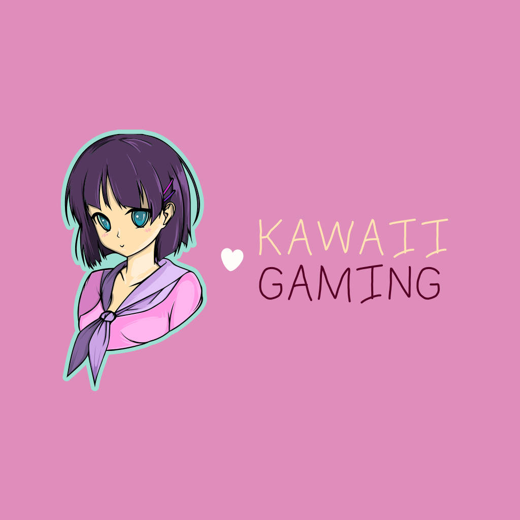 Gamer Logo 桌布 壁紙 — 一個可愛的動漫女孩，紫色頭髮，藍色眼睛，穿著粉紅色上衣，背景是純粉紅色，帶有「KAWAII GAMING」文字。