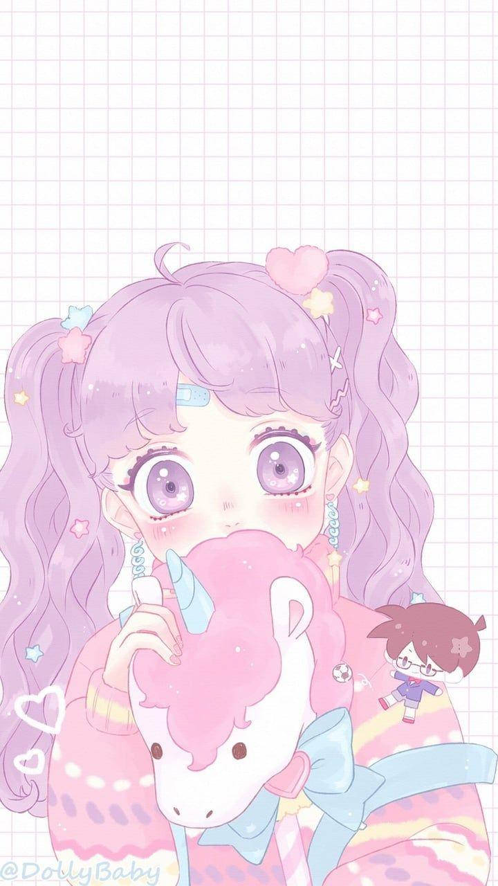 Kawaii Anime 桌布 壁紙 — 一個可愛的動漫女孩，紫色頭髮和大眼睛，在網格背景前抱著一個粉紅色獨角獸毛絨玩具。