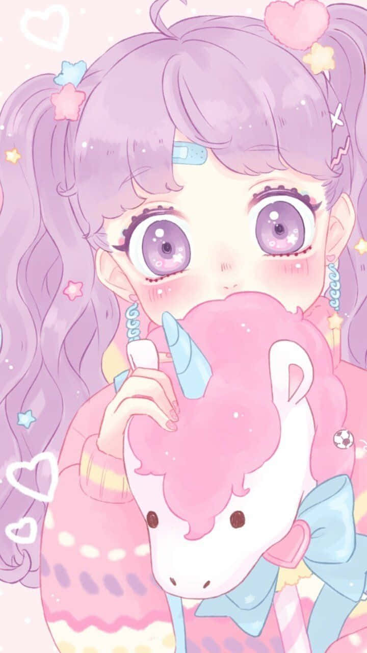 Pastel Pink Aesthetic Anime 桌布 壁紙 — 一個可愛的動漫女孩，紫色頭髮和大眼睛，在帶有心形和星星的粉彩背景前擁抱粉紅色獨角獸毛絨玩具。
