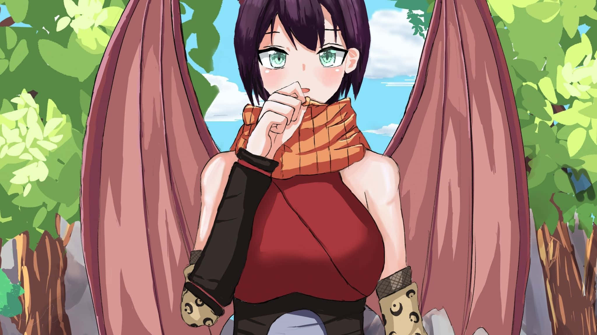 That Time I Got Reincarnated As A Slime 桌布 壁紙 — 一個可愛的動漫女孩，紫色頭髮和大型粉紅色翅膀，站在陽光明媚的森林中，穿著紅色上衣和橙色圍巾，手持零食。