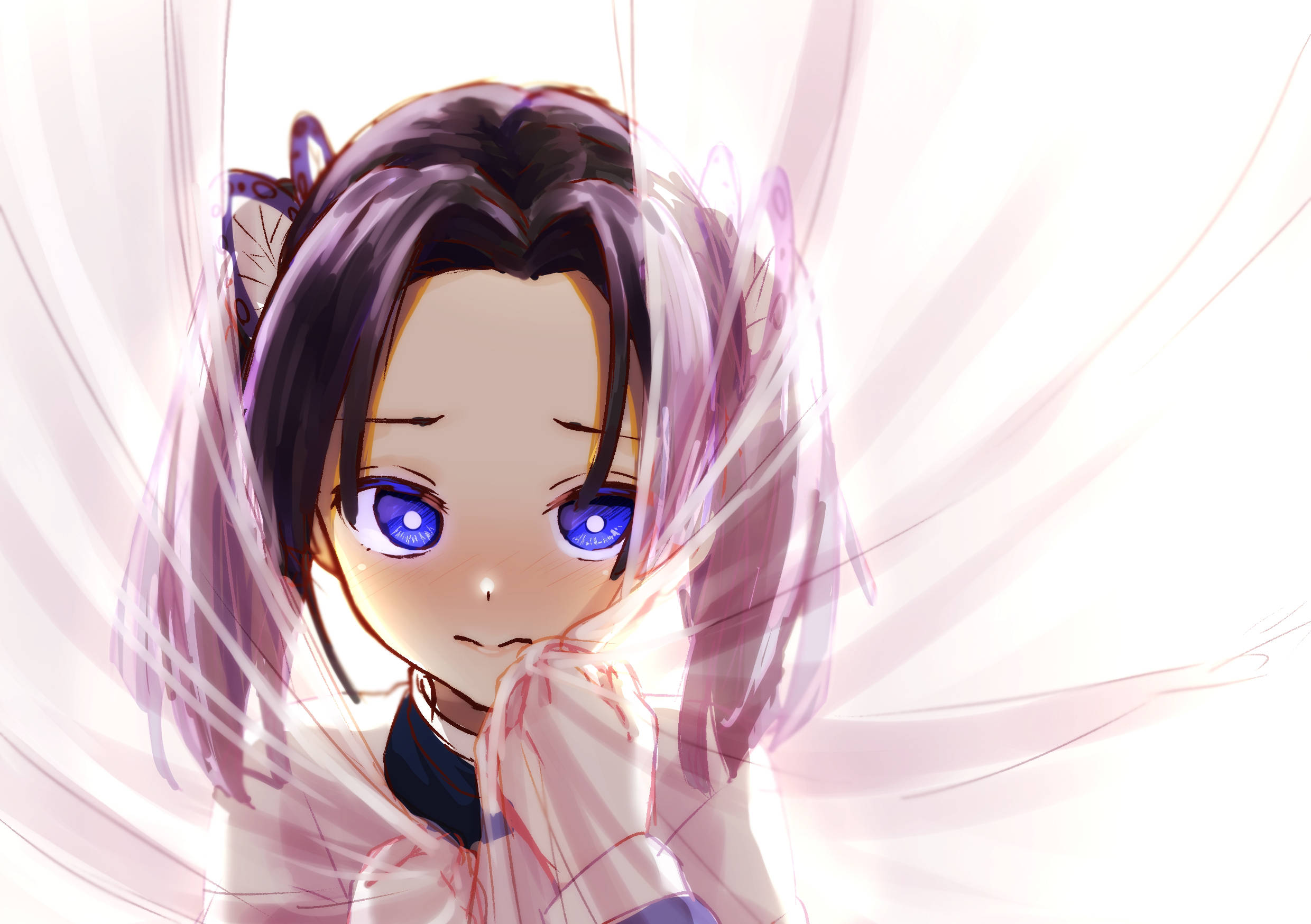 aoi kanzaki 桌布 壁紙 — 一個可愛的動漫女孩，紫色頭髮和發光的藍色眼睛，害羞地低頭看著，風在她周圍流動。