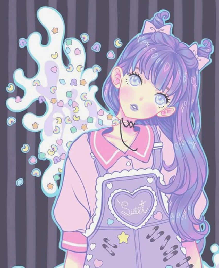 淡紫色 桌布 壁紙 — 一個可愛的動漫女孩，紫色頭髮和粉紅色服裝，在條紋背景上呼出一團彩色心形和星星。