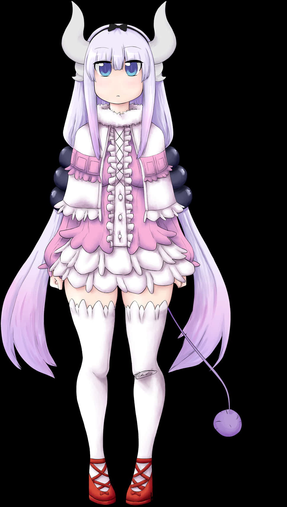 Miss Kobayashis Dragon Maid 桌布 壁紙 — 一個可愛的動漫女孩，紫色頭髮和角，穿著荷葉邊粉紅色和白色服裝，有紫色尾巴，背景為黑色。