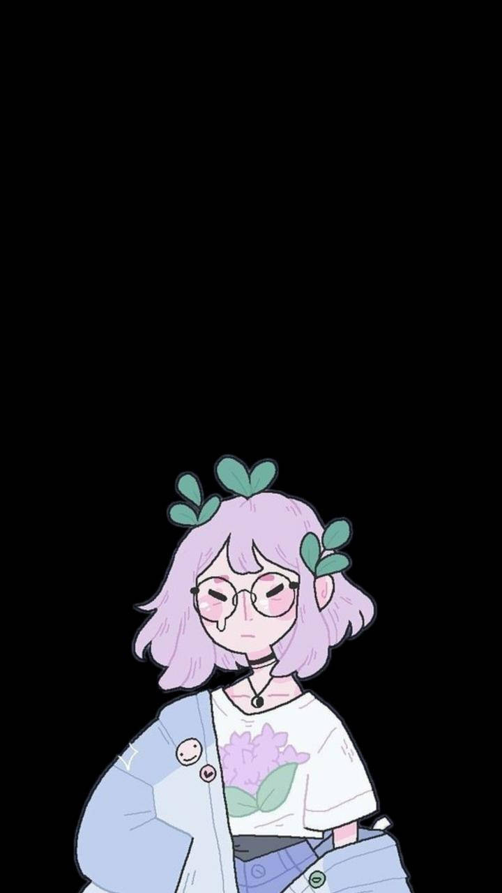 動漫女孩 桌布 壁紙 — 一個可愛的動漫女孩，紫色頭髮戴眼鏡，穿著花卉襯衫和外套，站在黑色背景前。