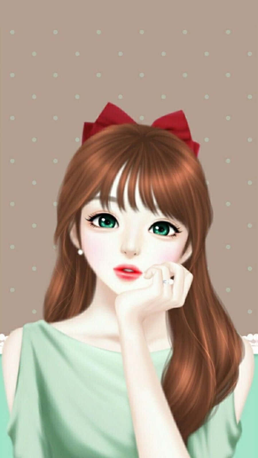 Pretty Girl Aesthetic 桌布 壁紙 — 一個可愛的動漫女孩，綠色眼睛，戴著紅色蝴蝶結，在圓點背景上用手托著下巴。