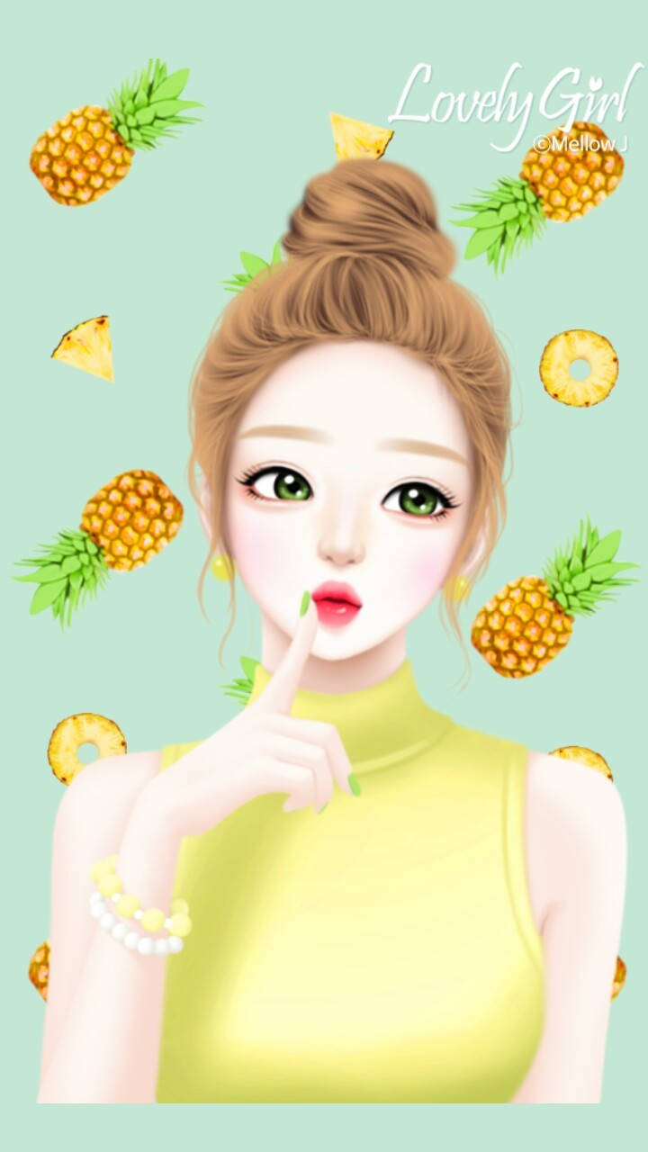 lovely 桌布 壁紙 — 一個可愛的動漫女孩，綠色眼睛，身穿黃色上衣，被漂浮的鳳梨環繞，背景是薄荷色。