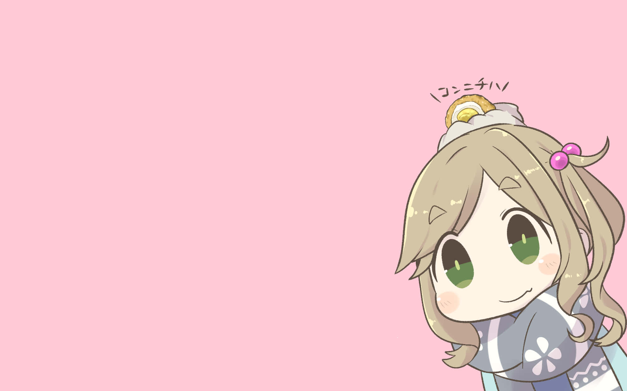 Laid Back Camp 桌布 壁紙 — 一個可愛的動漫女孩，綠色眼睛和金色頭髮，在柔和的粉紅色背景上愉快地揮手。