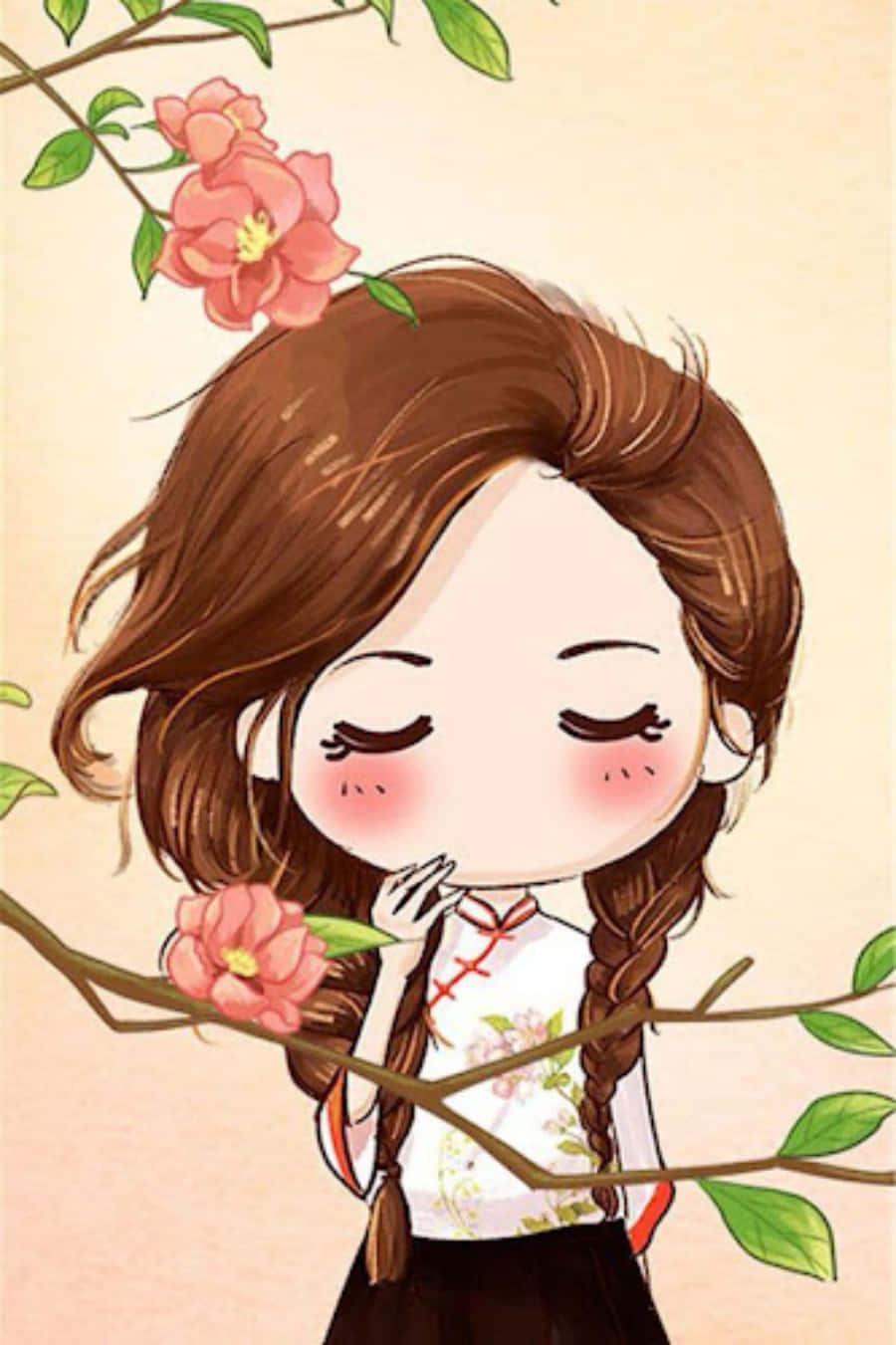手機 桌布 壁紙 — 一個可愛的動漫女孩，編著棕色辮子，在盛開的樹枝環繞下，輕輕聞著一朵粉紅色的花。