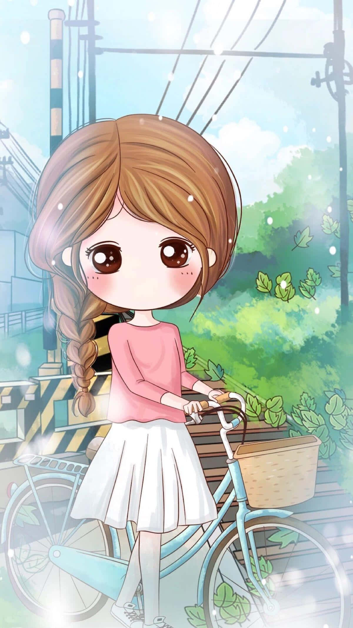 腳踏車 桌布 壁紙 — 一個可愛的動漫女孩，編著辮子，騎著淺藍色自行車穿過陽光明媚的城市公園，有綠色樹葉和電線。