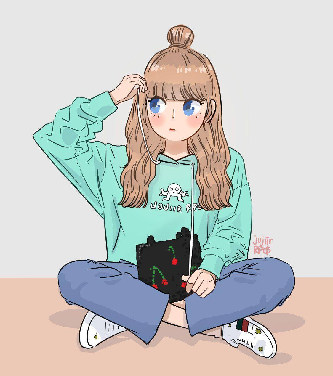 動漫女孩穿著綠色連帽衫，盤腿坐著，拿著櫻桃袋。 — Blackpink 動畫 GIF 壁紙