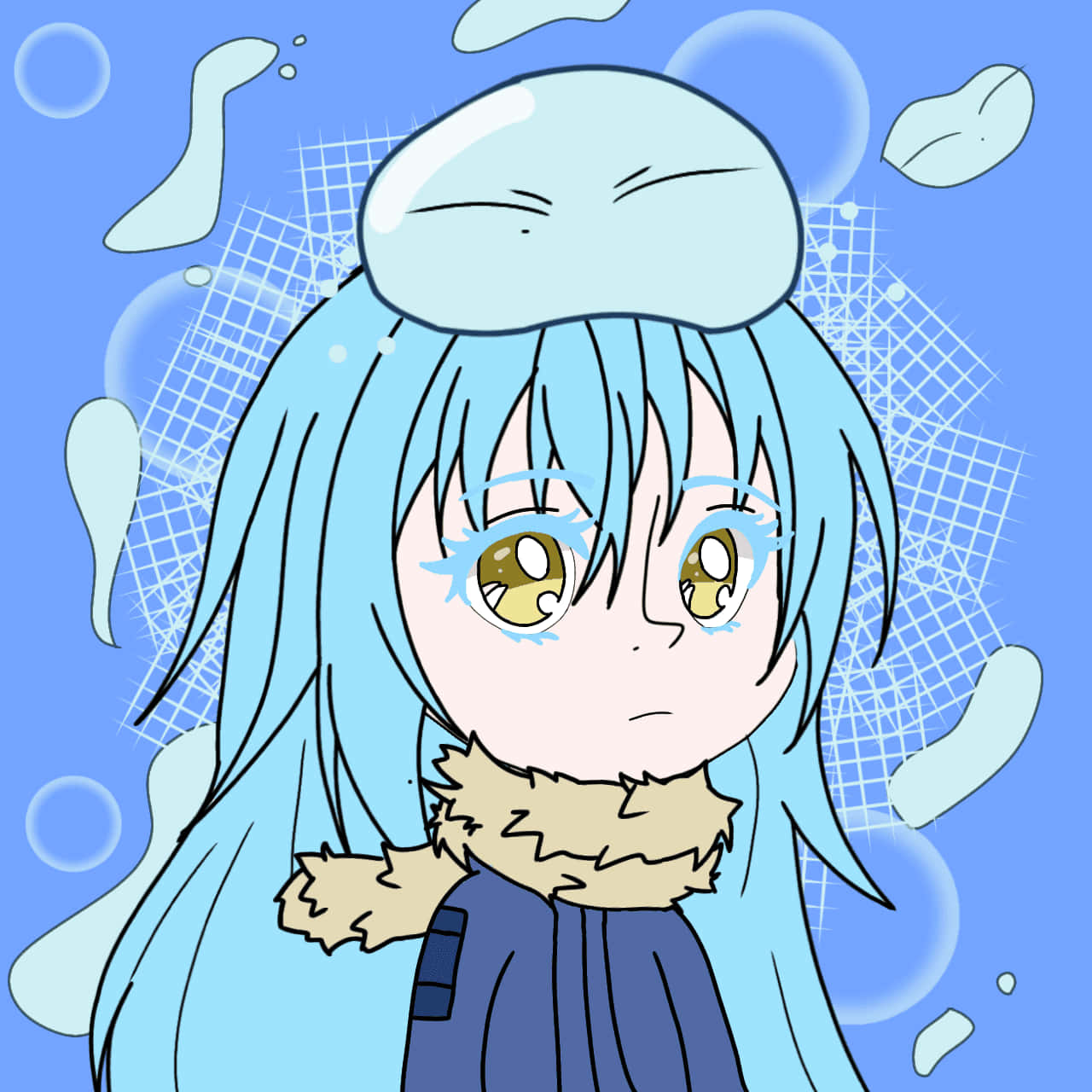 動漫藝術GIF 桌布 壁紙 — 一個可愛的動漫女孩，藍色頭髮和冰凍帽子，在藍色泡泡背景上看起來很冷。