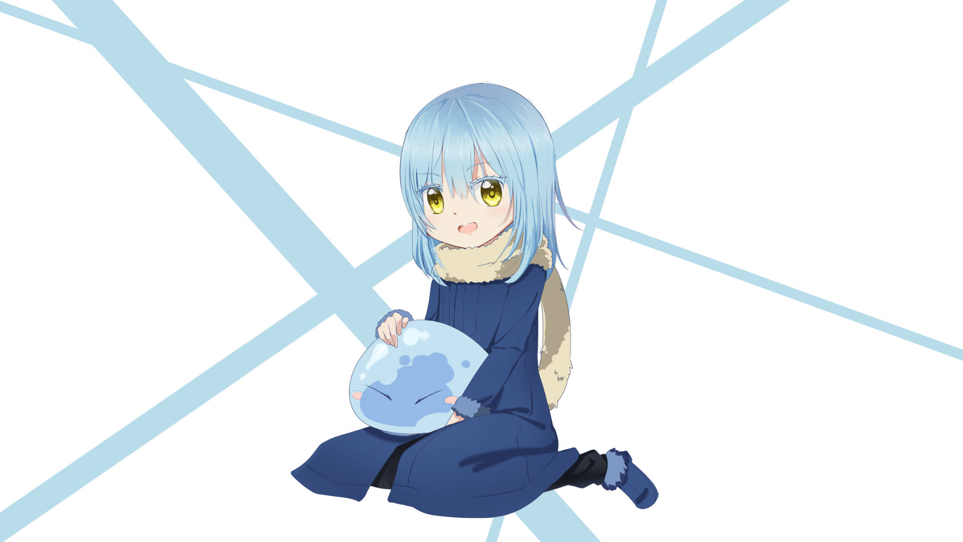 Rimuru 桌布 壁紙 — 一個可愛的動漫女孩，藍色頭髮和黃色眼睛，坐在白色背景前，抱著藍色絨毛玩具，背景有淺藍色對角線。