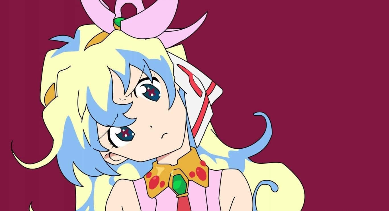 Nia Teppelin 桌布 壁紙 — 一個可愛的動漫女孩，藍黃色頭髮，戴著粉紅色蝴蝶結，在深栗色背景下側面嘟嘴表情。