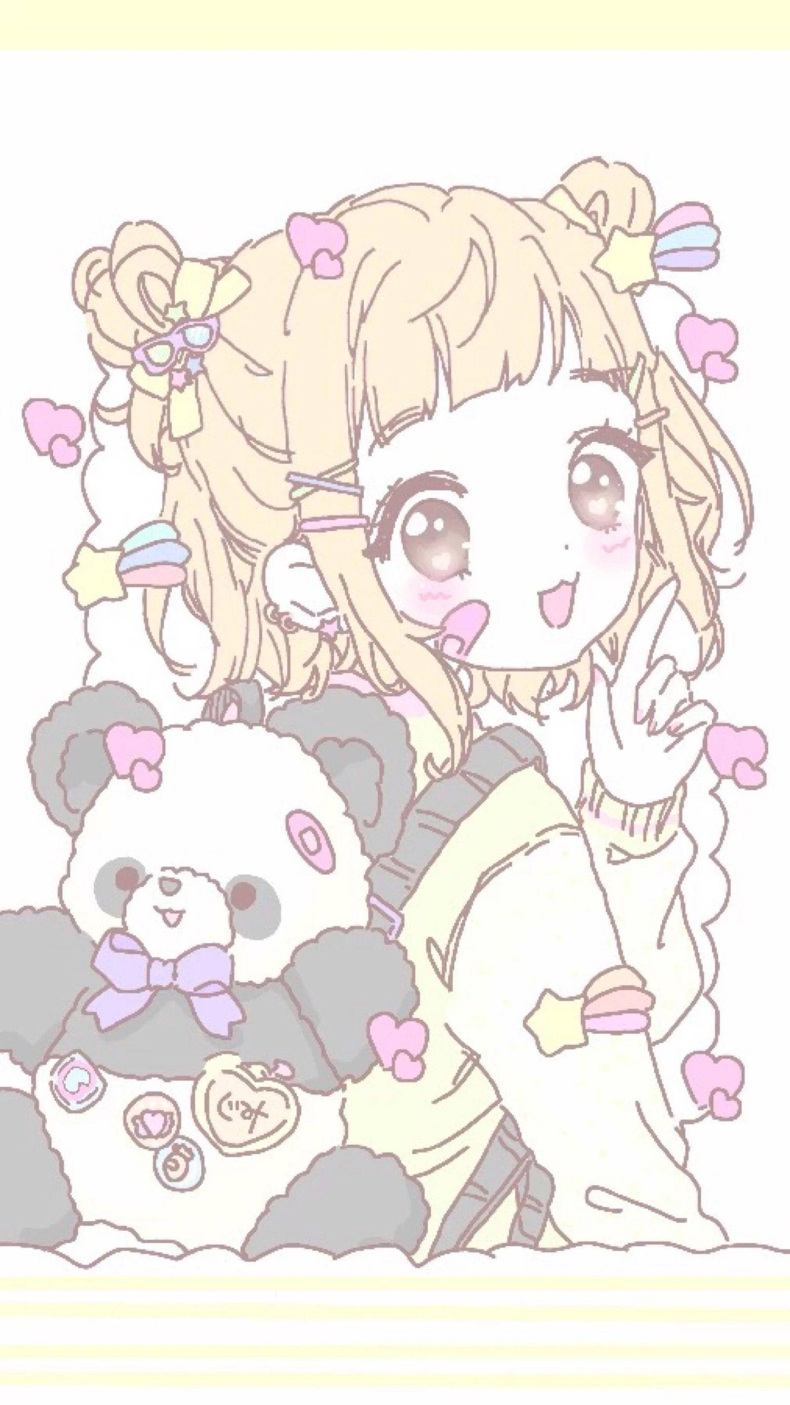 gore anime 桌布 壁紙 — 一個可愛的動漫女孩，金色雙馬尾，抱著熊貓毛絨玩具，周圍漂浮著粉彩色的心形。